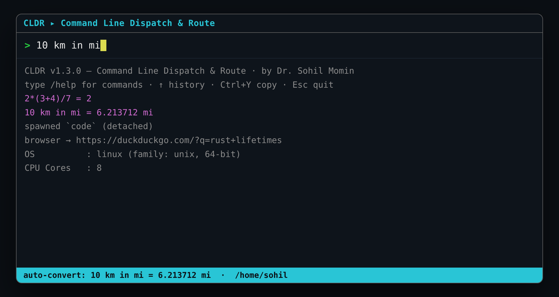CLDR command window showing a unit conversion and routing results