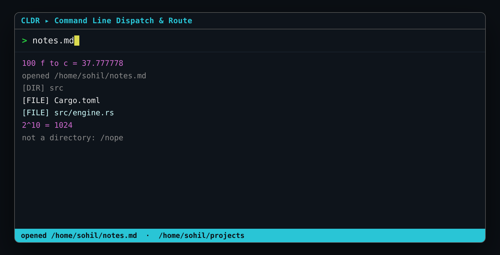 CLDR routing examples: temperature conversion, opening a file, listing a directory, powers
