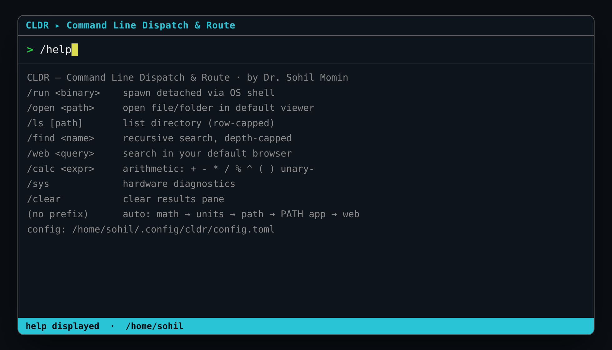 CLDR /help cheat sheet listing slash commands and config path