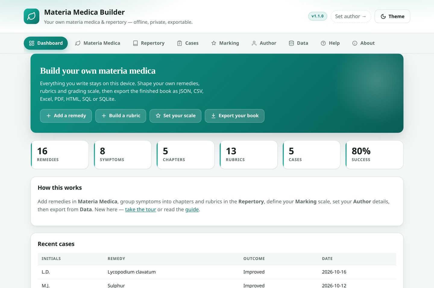Materia Medica Builder dashboard