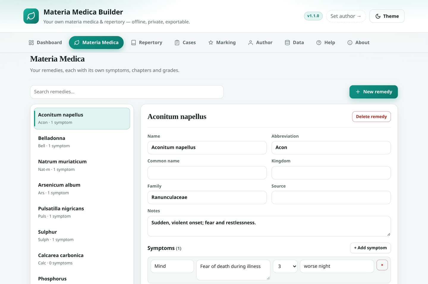 Materia Medica tab with remedies and symptoms