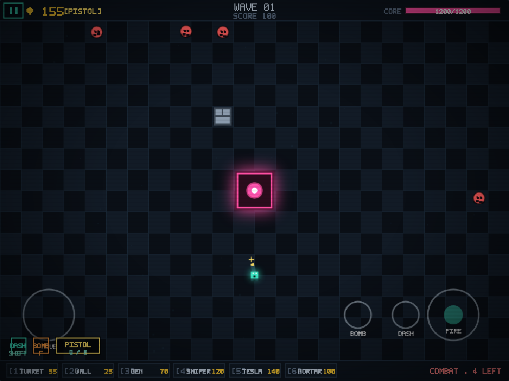 SCRAP & GUN on a phone in landscape with on-screen touch controls