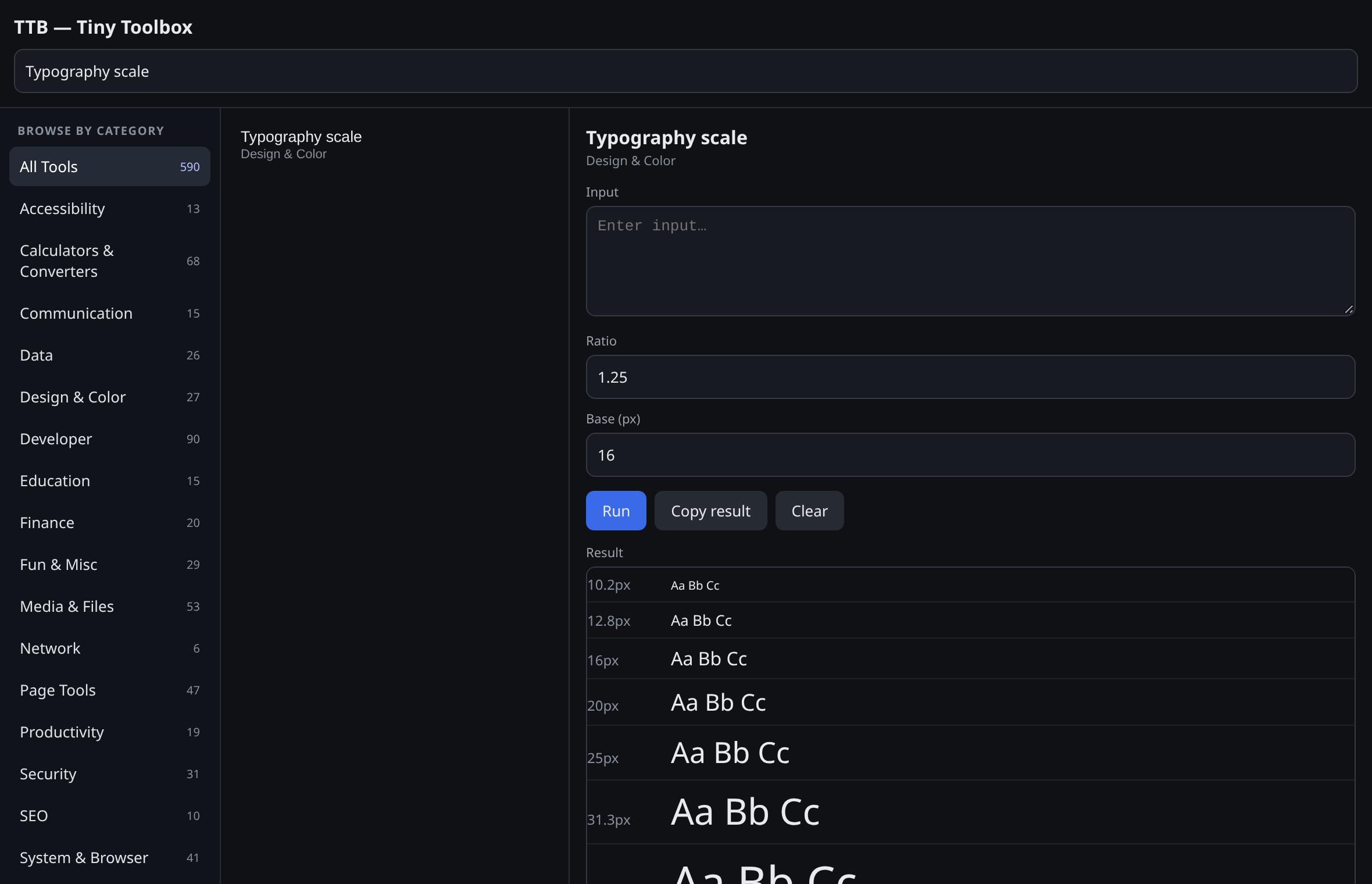 A typography scale rendered in the sandboxed HTML preview