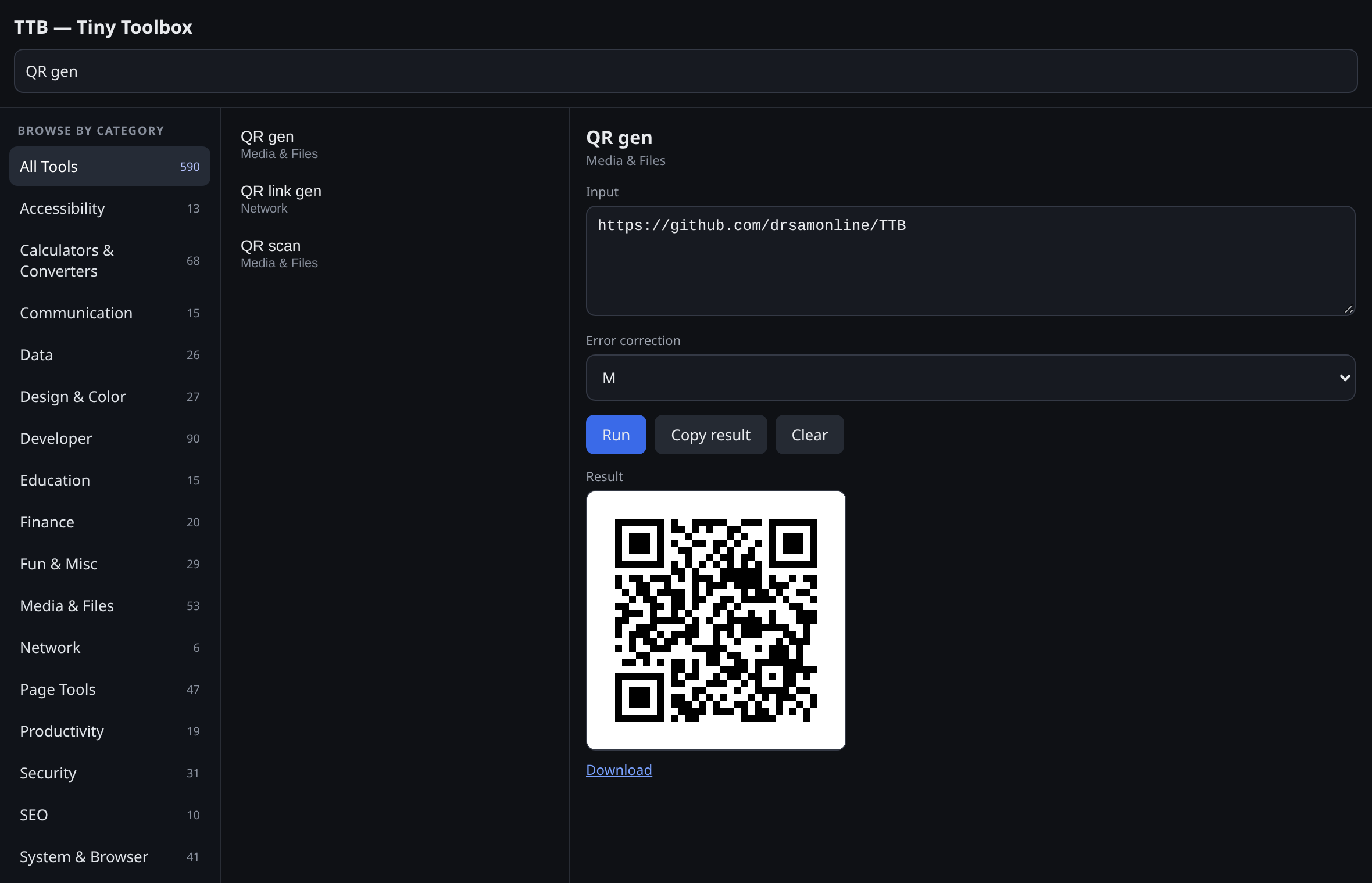 A QR code generated and shown inline with a download link