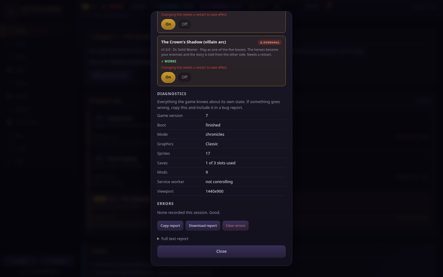 The in-game diagnostics report panel
