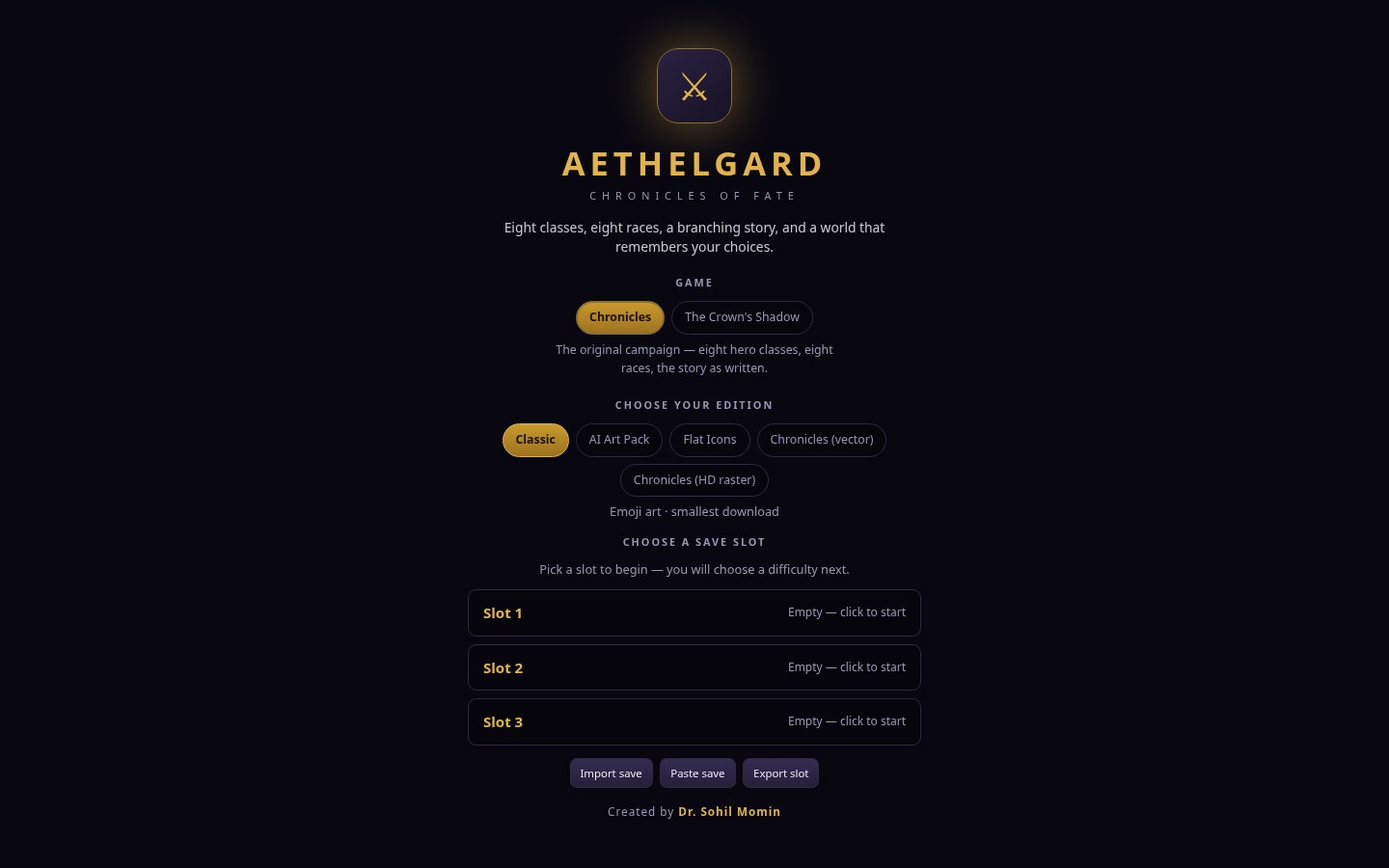 Aethelgard title screen with save slots