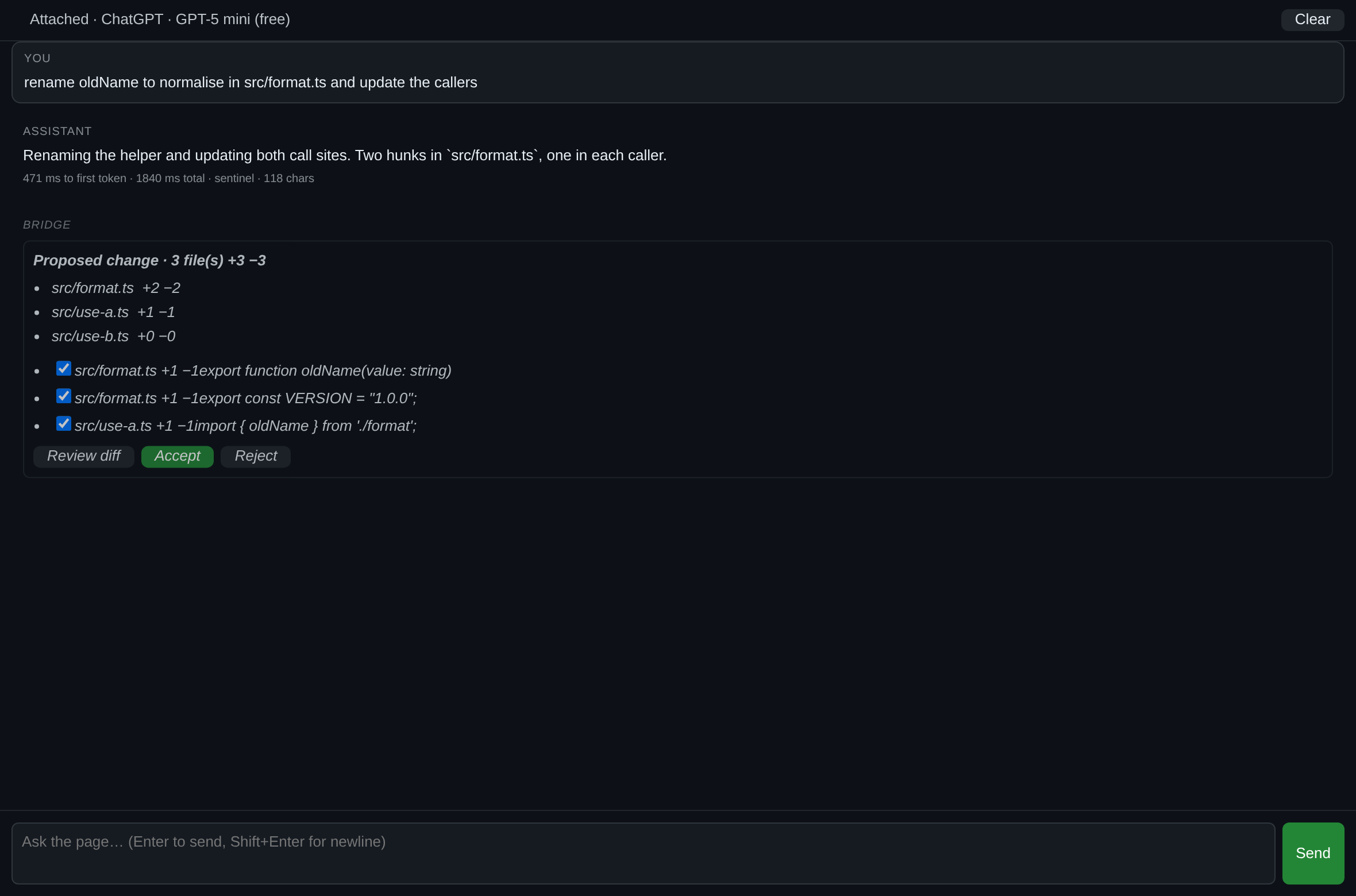 The AI Bridge chat panel with a streamed answer and a per-hunk proposal card