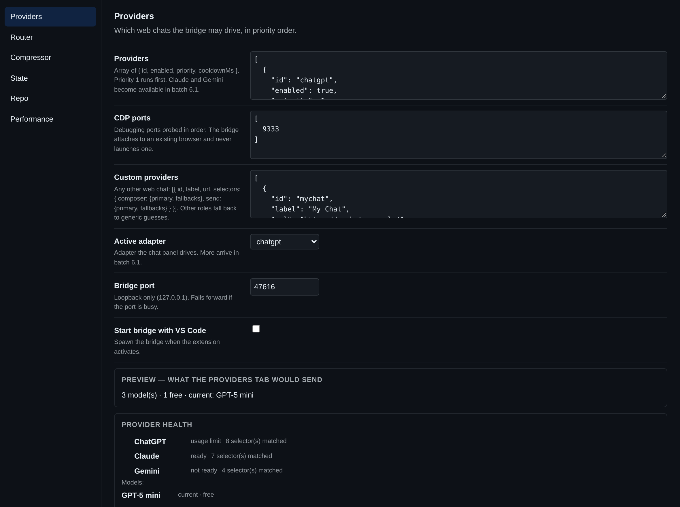 Providers tab with health dots and the model list