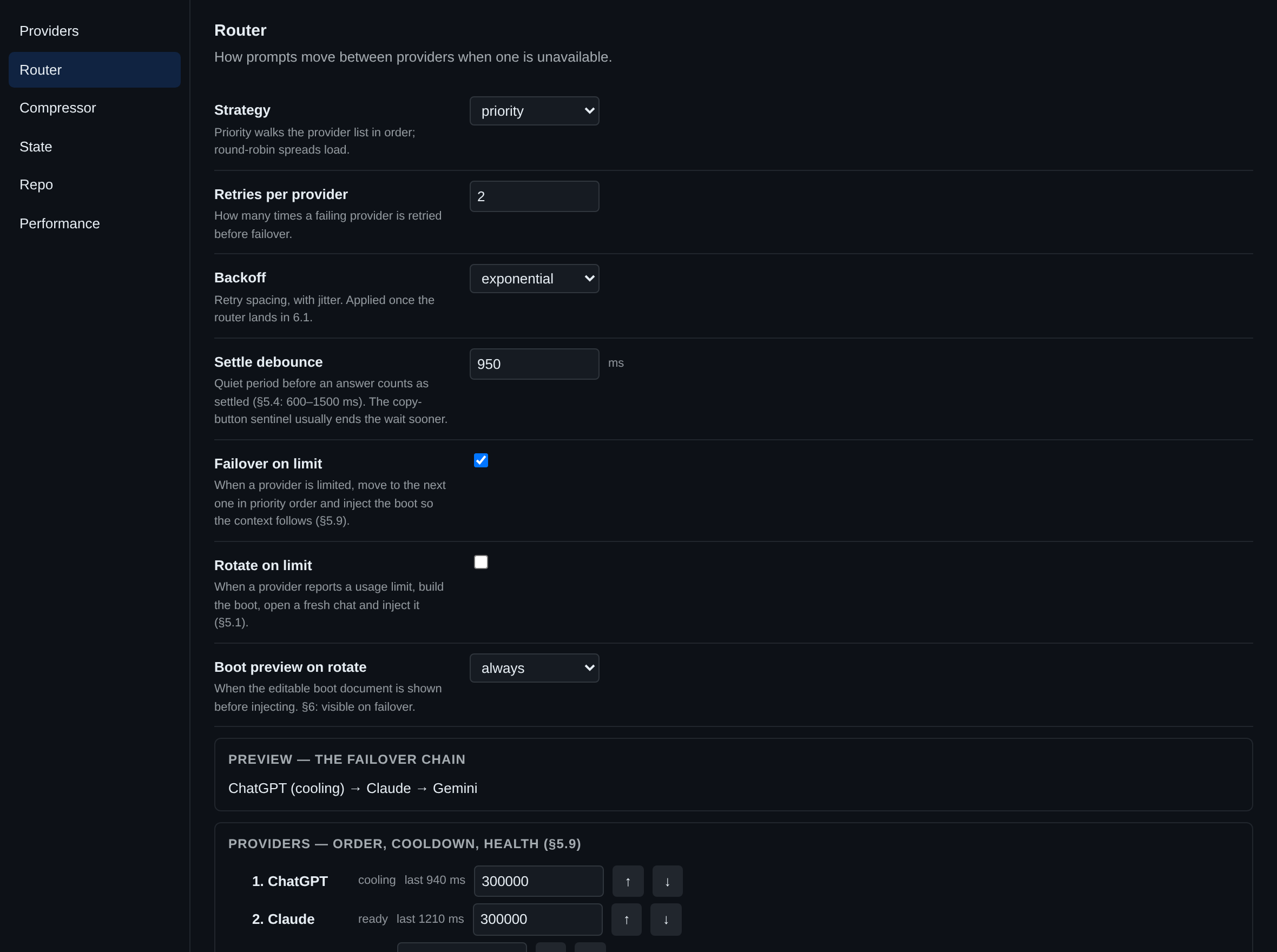 Router tab with the failover chain preview