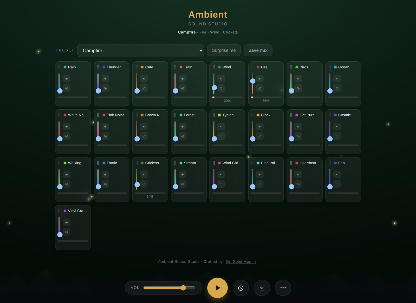 Ambient Sound Studio desktop interface with 25 layer cards and live level meters
