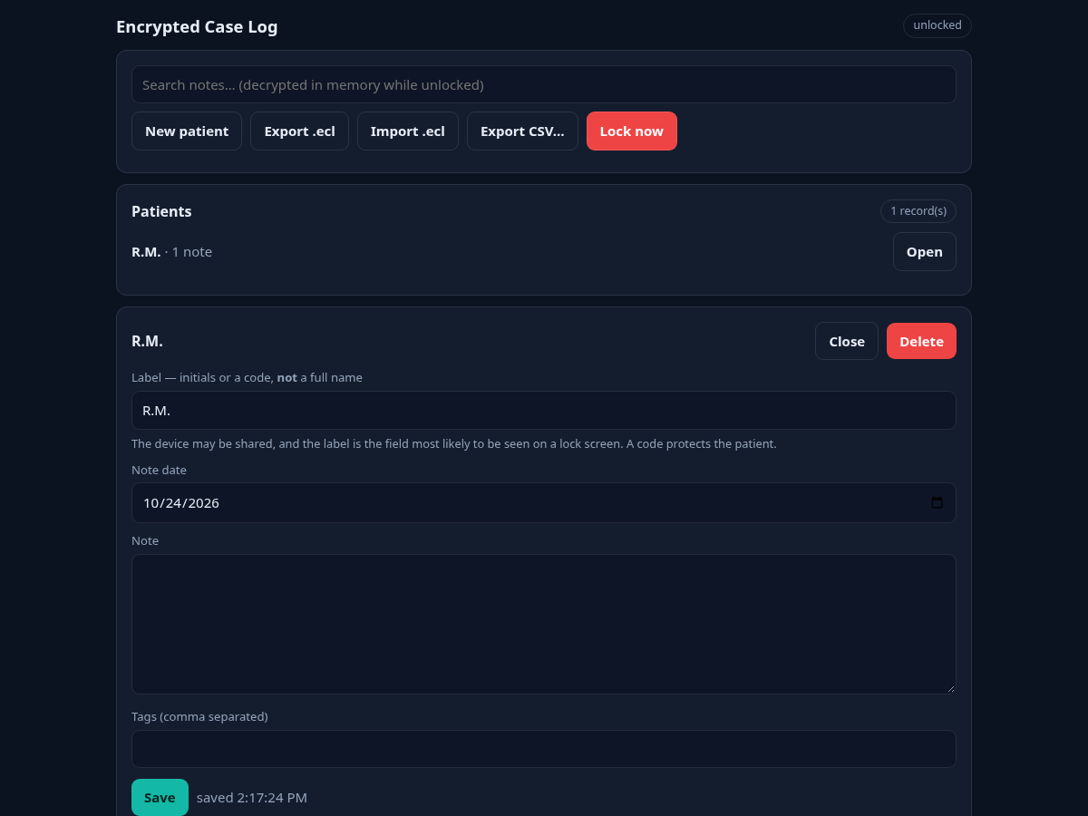 Encrypted Case Log — screenshot
