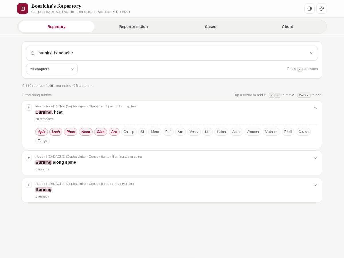 Search screen of Boericke's Repertory showing a query for burning headache with three matching rubrics and their graded remedies.