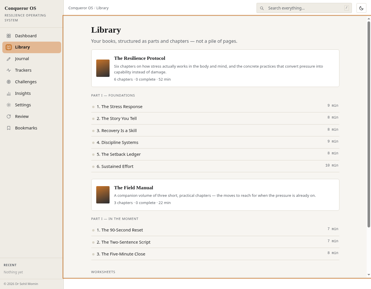 Conqueror OS multi-book library with parts and chapters