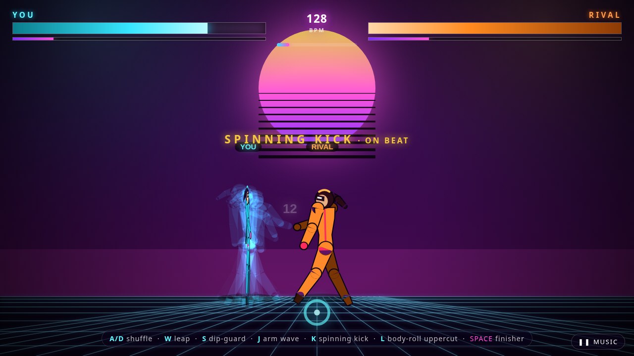 Dance Fight gameplay: a character mid-spin in a neon arena with health bars, combo meter and BPM readout