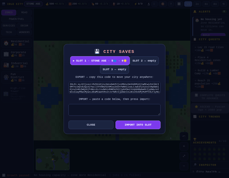 The save and export dialog showing three slots and an export code