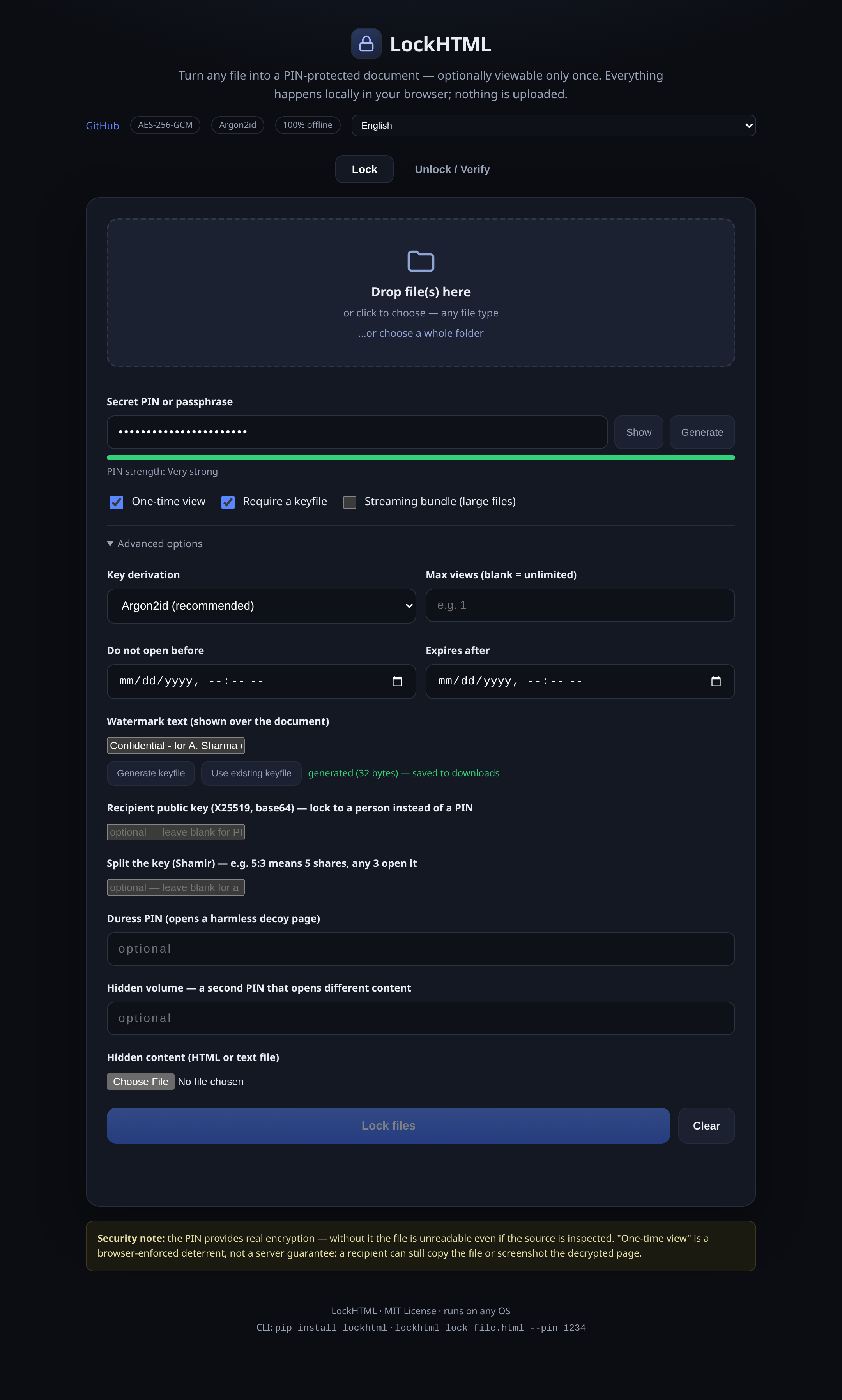 The LockHTML browser GUI: drop files, set a PIN, and configure one-time view, keyfiles and advanced options