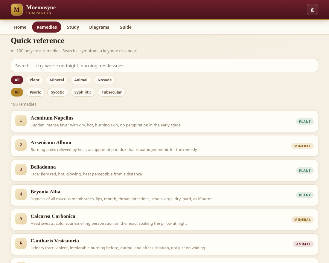Quick reference list of remedies with search and kingdom filters