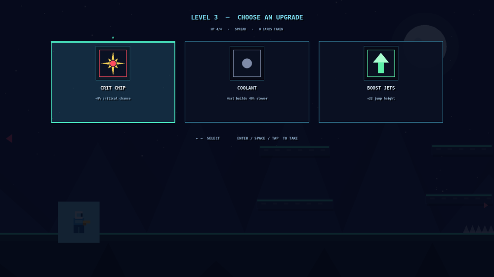 Neon Runner upgrade card screen showing Crit Chip, Coolant and Boost Jets