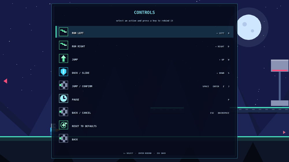 Neon Runner controls screen listing rebindable keys