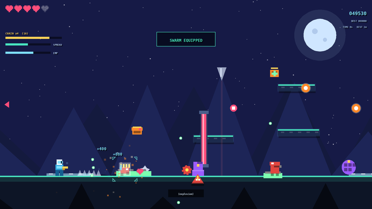 Neon Runner gameplay: neon mountains, auto-firing player, score 049530 and chain multiplier