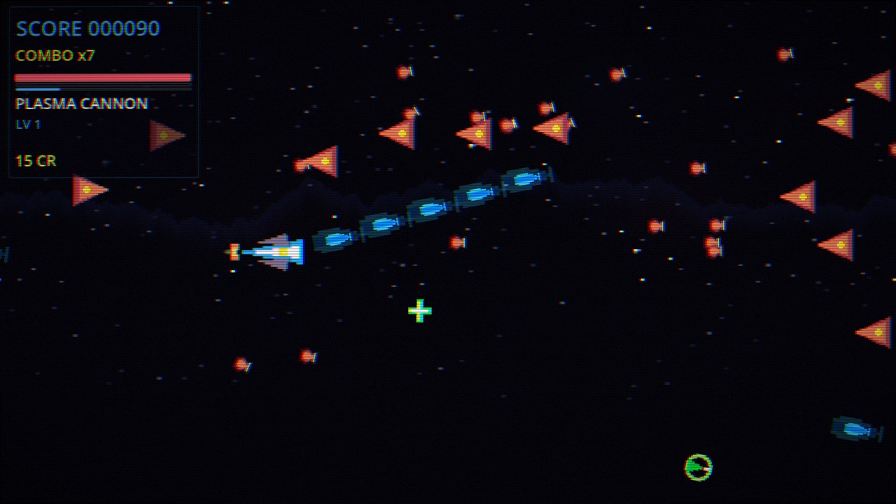 Neon Velocity gameplay: the player ship firing a long stream of plasma bolts into a formation of orange drones.