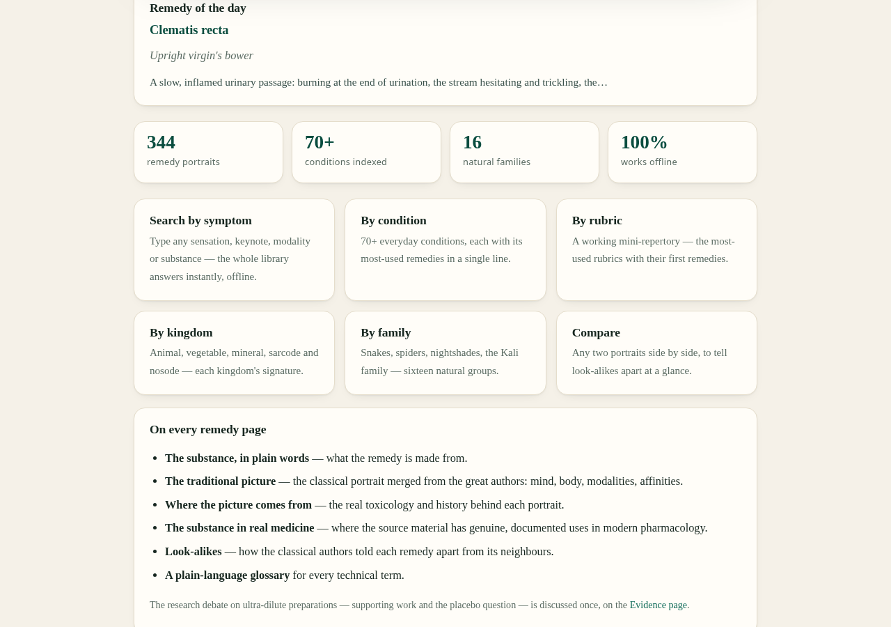 The Open Materia Medica web edition — remedy of the day, library statistics and the browse-by-symptom, condition, kingdom and family tools