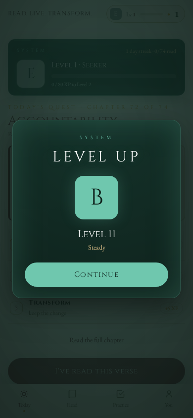 The level-up panel: a dialog showing the new level and rank title, with a Continue button.