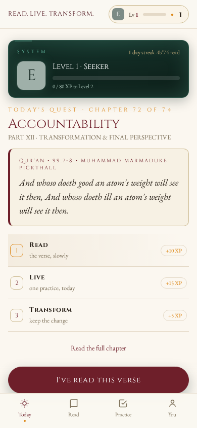 The Today screen: a daily quest with the day's verse and the three steps — Read, Live, Transform — each showing its XP.