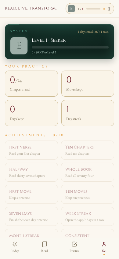 The You screen: stats for chapters read, moves kept, days kept and day streak, above ten achievements.