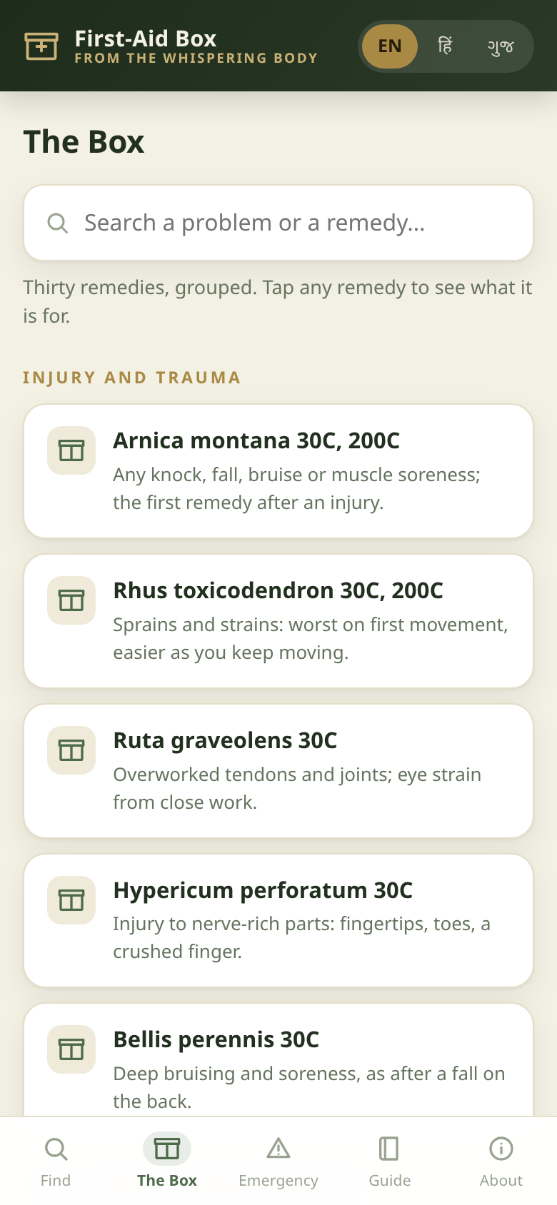 The 30-remedy box, grouped and searchable