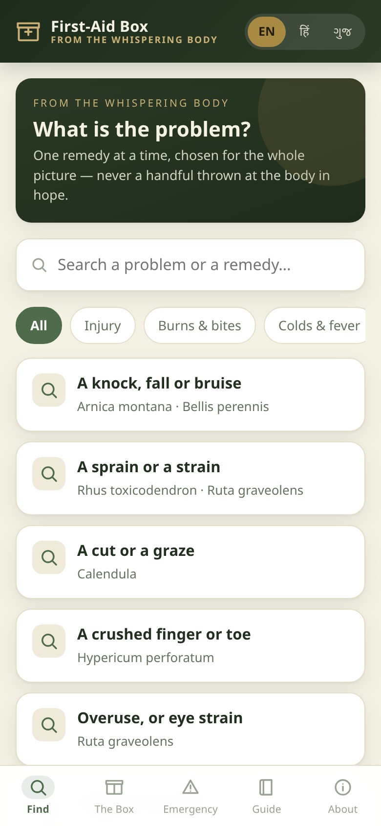 Find a remedy by problem — the plain-language symptom finder